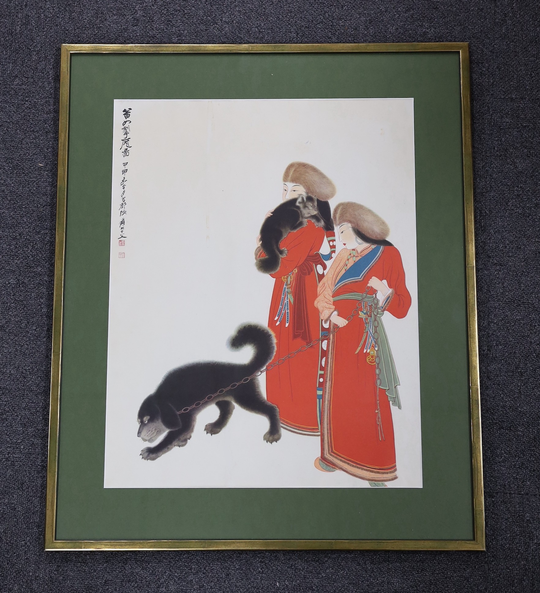 After Zhang Daqian, colour print, Tibetan women with dogs, 1944